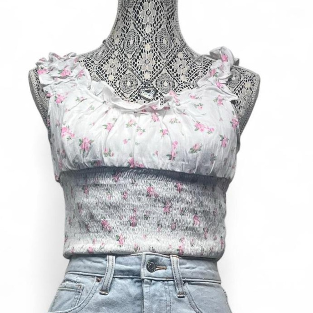 Love Tree White and Pink Floral Smocked Crop Top